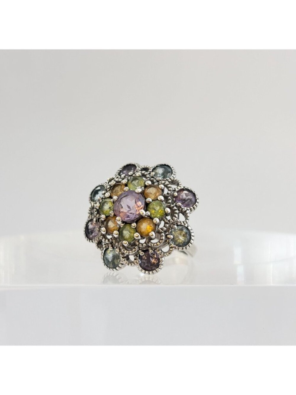 Cluster Rainbow Gemstone Blooming Flower Sterling Silver 925 Vintage Ring - sz 6 - Picture 8 of 16